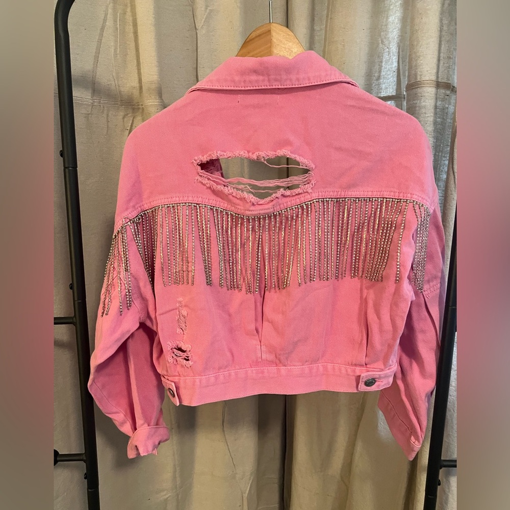 Vervet cropped pink denim jacket with rhinestone fringe